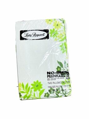 Vintage Lady Pepperell White & Green Floral King Pillowcases New  - Set of 2